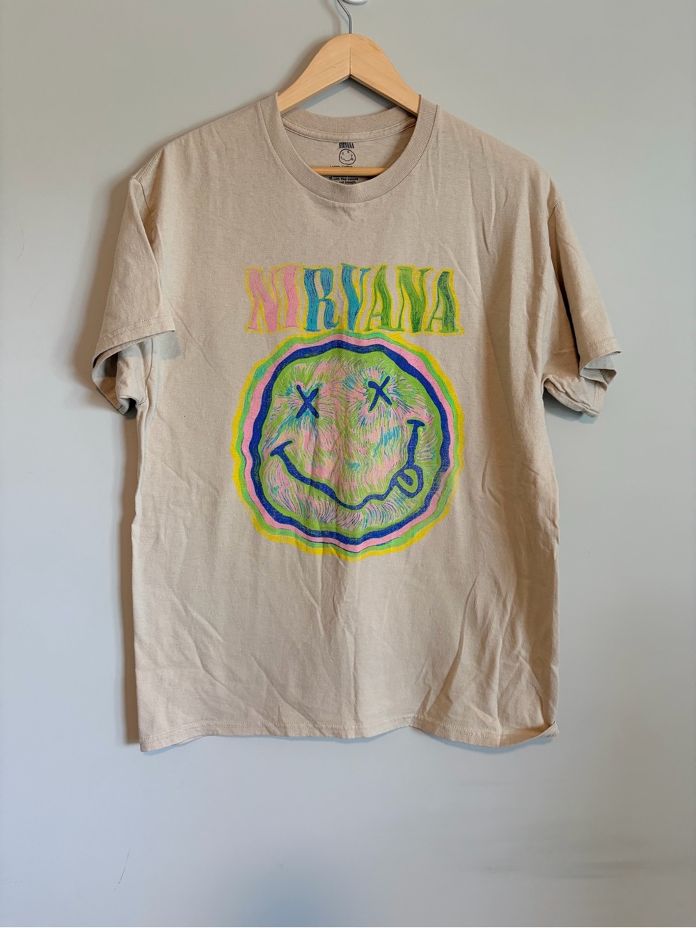 NIRVANA Beige Graphic Tee with Neon Smiley Print